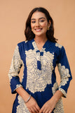 Navy Blue Floral Print Kurti with Wide Leg Trousers Coord Set