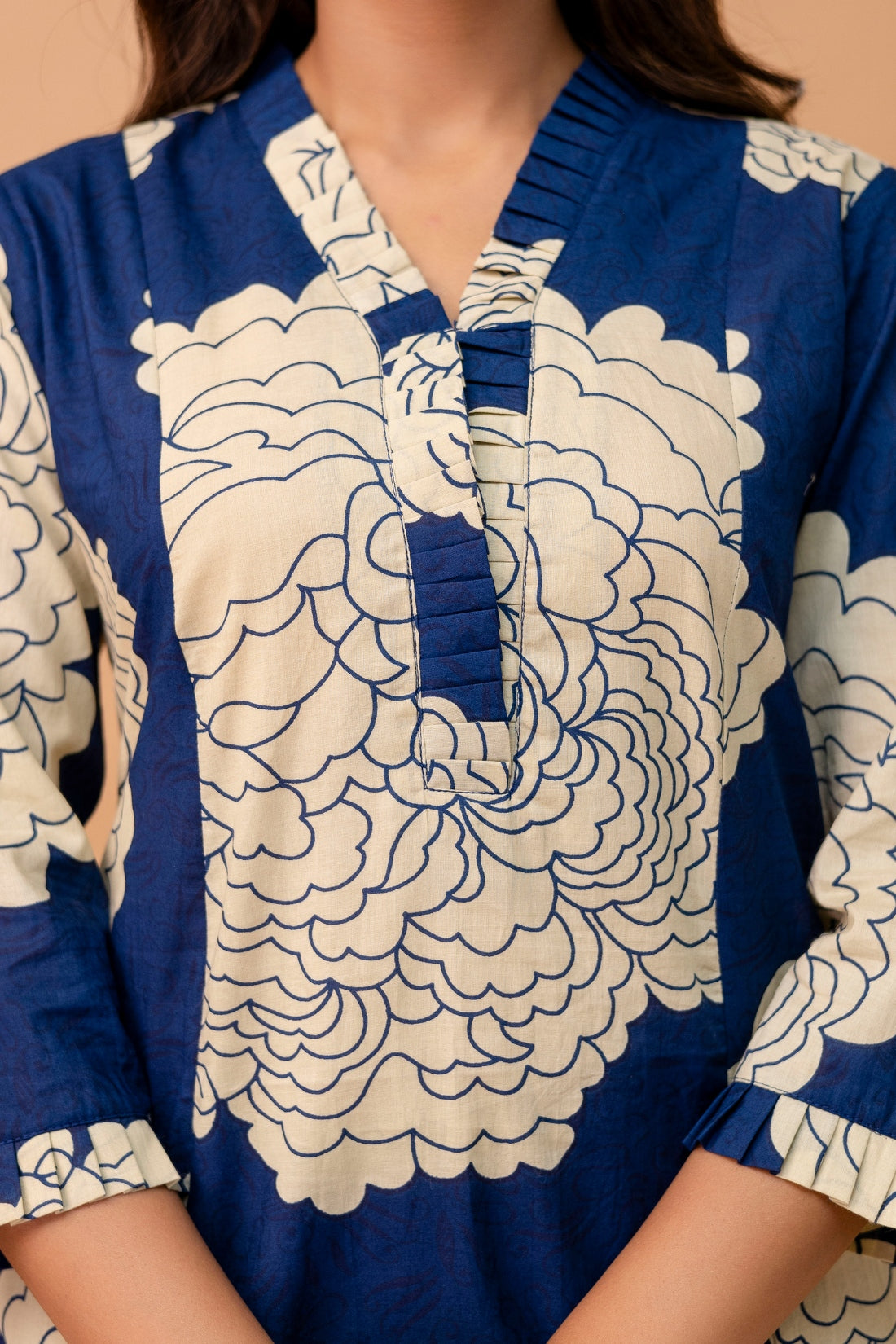 Navy Blue Floral Print Kurti with Wide Leg Trousers Coord Set