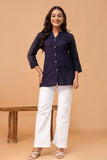 Navy Mandarin Collar Cotton Short Kurti