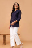 Navy Mandarin Collar Cotton Short Kurti