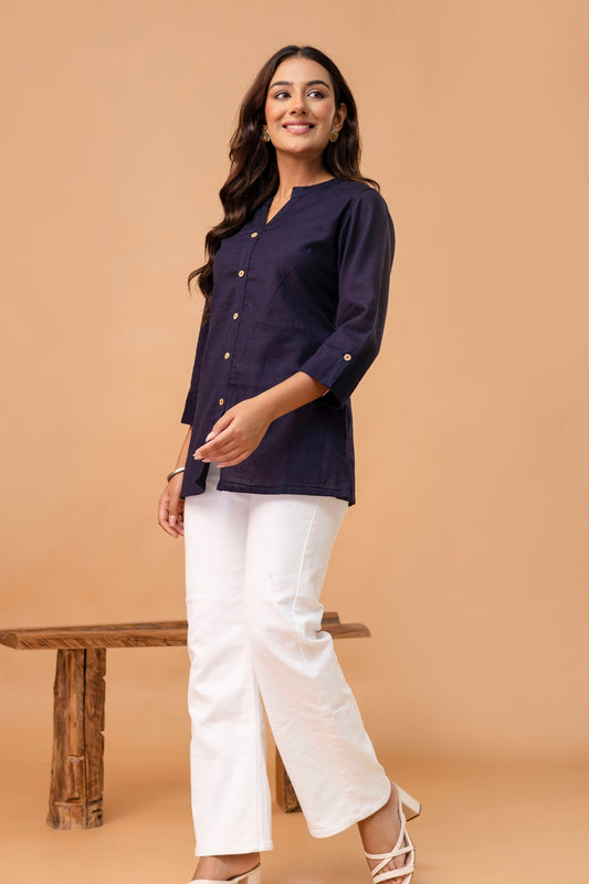 Navy Mandarin Collar Cotton Short Kurti