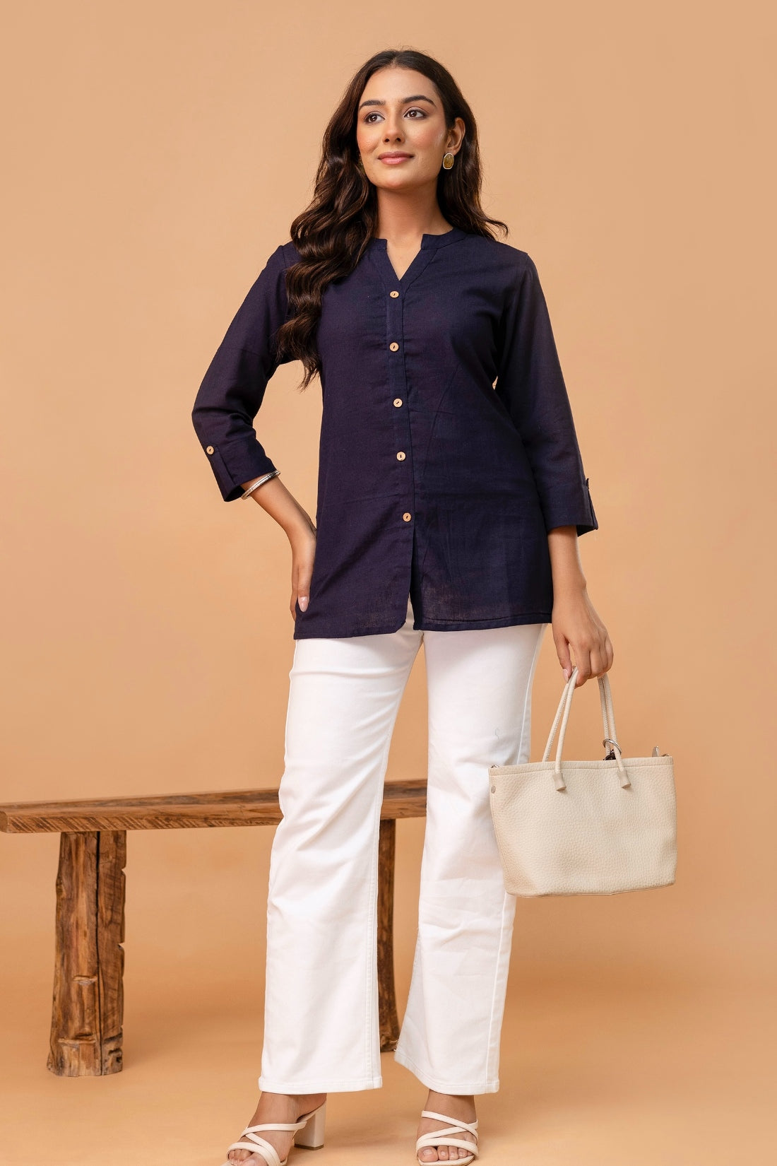 Navy Mandarin Collar Cotton Short Kurti
