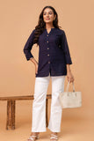 Navy Mandarin Collar Cotton Short Kurti