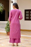Purple Front Pockets Cotton Kurta Set with Palazzo and Dupatta