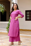 Purple Front Pockets Cotton Kurta Set with Palazzo and Dupatta
