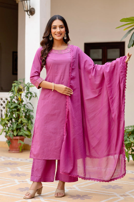 Purple Front Pockets Cotton Kurta Set with Palazzo and Dupatta