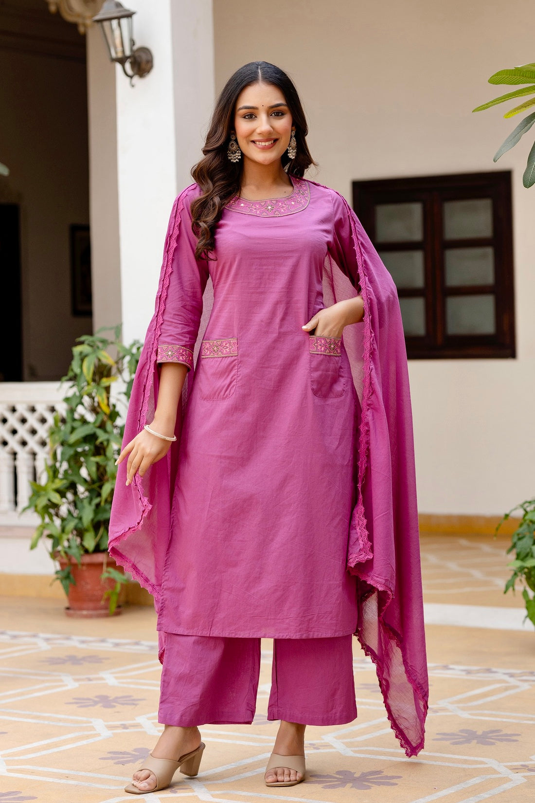 Purple Front Pockets Cotton Kurta Set with Palazzo and Dupatta