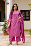 Purple Front Pockets Cotton Kurta Set with Palazzo and Dupatta