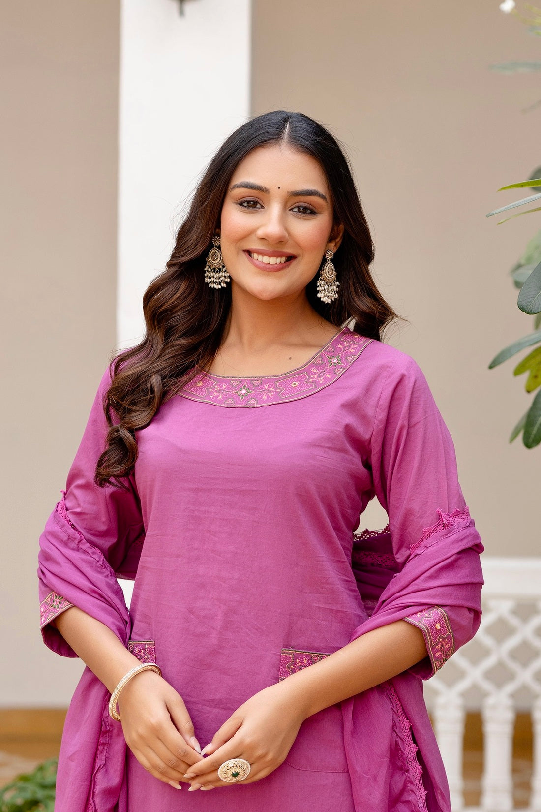 Purple Front Pockets Cotton Kurta Set with Palazzo and Dupatta