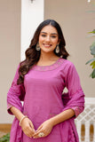 Purple Front Pockets Cotton Kurta Set with Palazzo and Dupatta