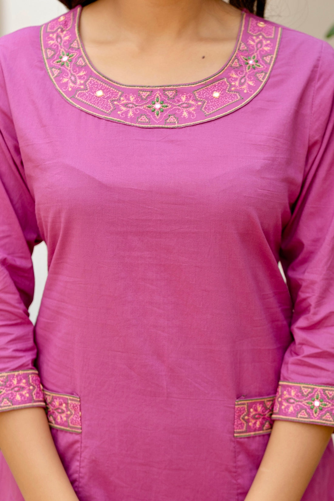 Purple Front Pockets Cotton Kurta Set with Palazzo and Dupatta
