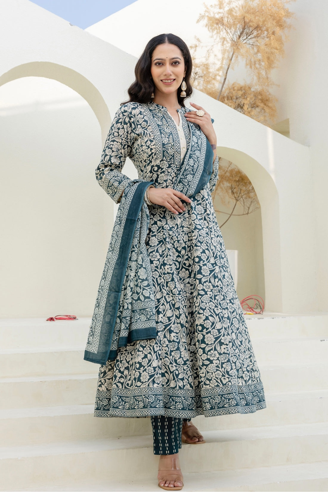 Green Yoke Design Anarkali Suit Set with Trousers and Dupatta