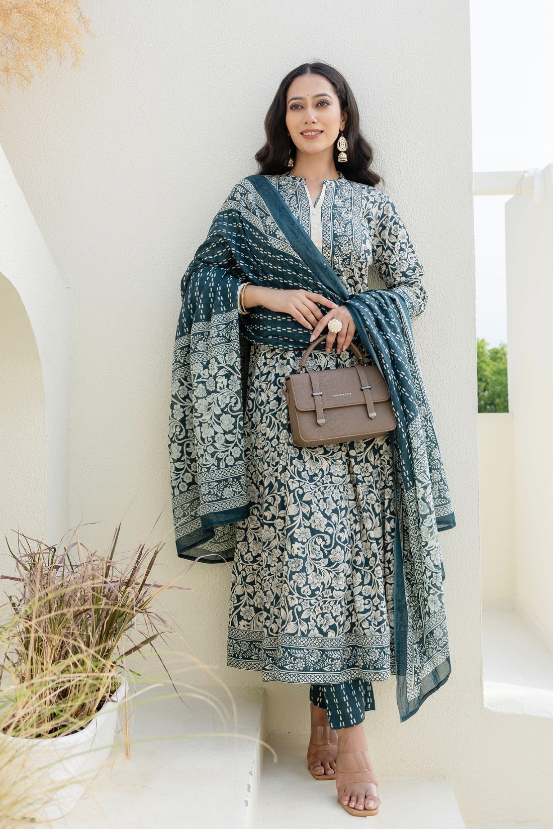Green Yoke Design Anarkali Suit Set with Trousers and Dupatta