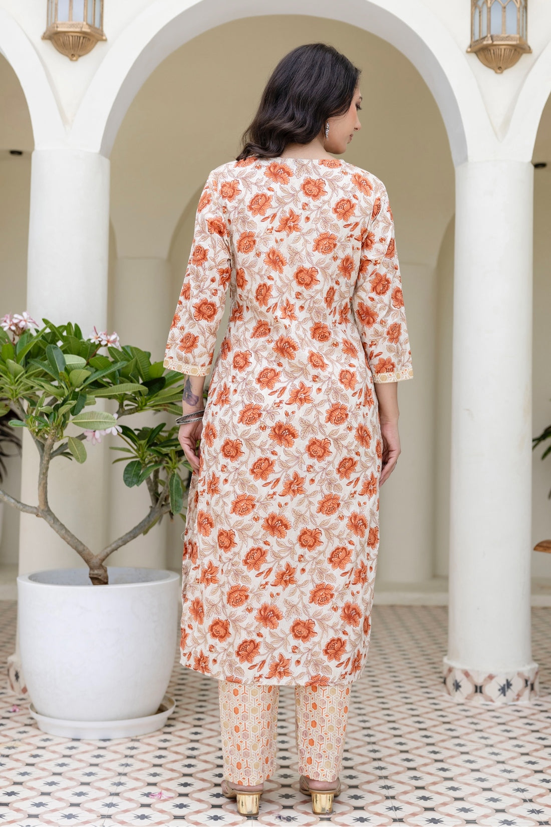 Orange Floral Print Plackett Design Kurta Set with Trousers and Dupatta