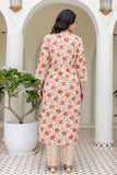Orange Floral Print Plackett Design Kurta Set with Trousers and Dupatta