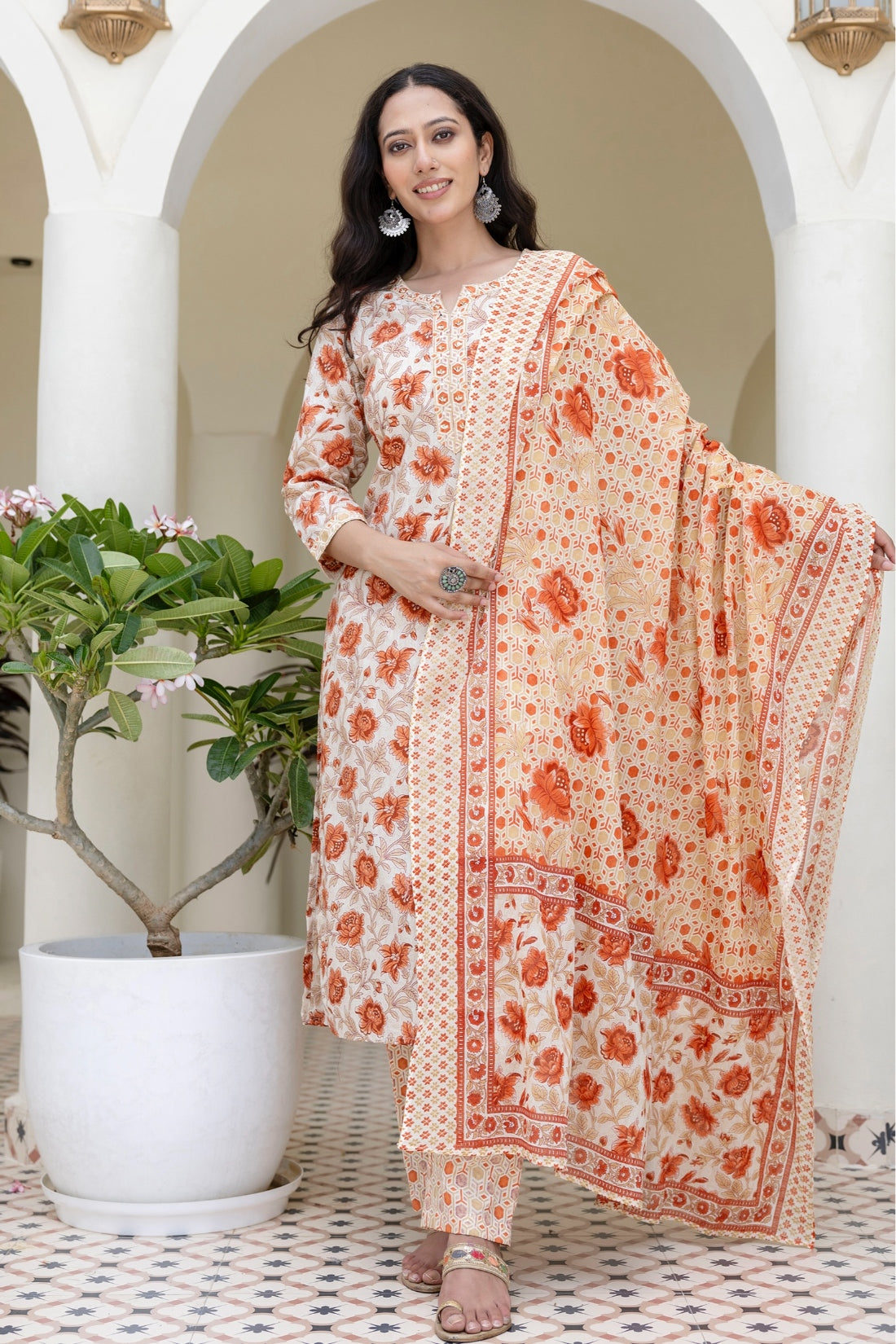 Orange Floral Print Plackett Design Kurta Set with Trousers and Dupatta