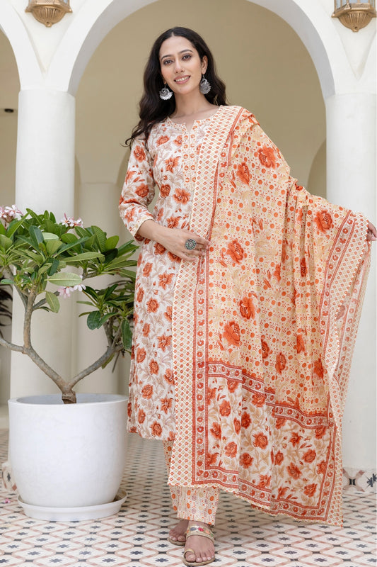 Orange Floral Print Plackett Design Kurta Set with Trousers and Dupatta