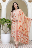 Orange Floral Print Plackett Design Kurta Set with Trousers and Dupatta