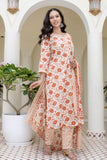 Orange Floral Print Plackett Design Kurta Set with Trousers and Dupatta