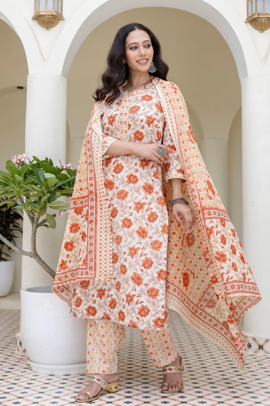 Orange Floral Print Plackett Design Kurta Set with Trousers and Dupatta