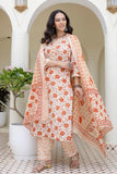 Orange Floral Print Plackett Design Kurta Set with Trousers and Dupatta