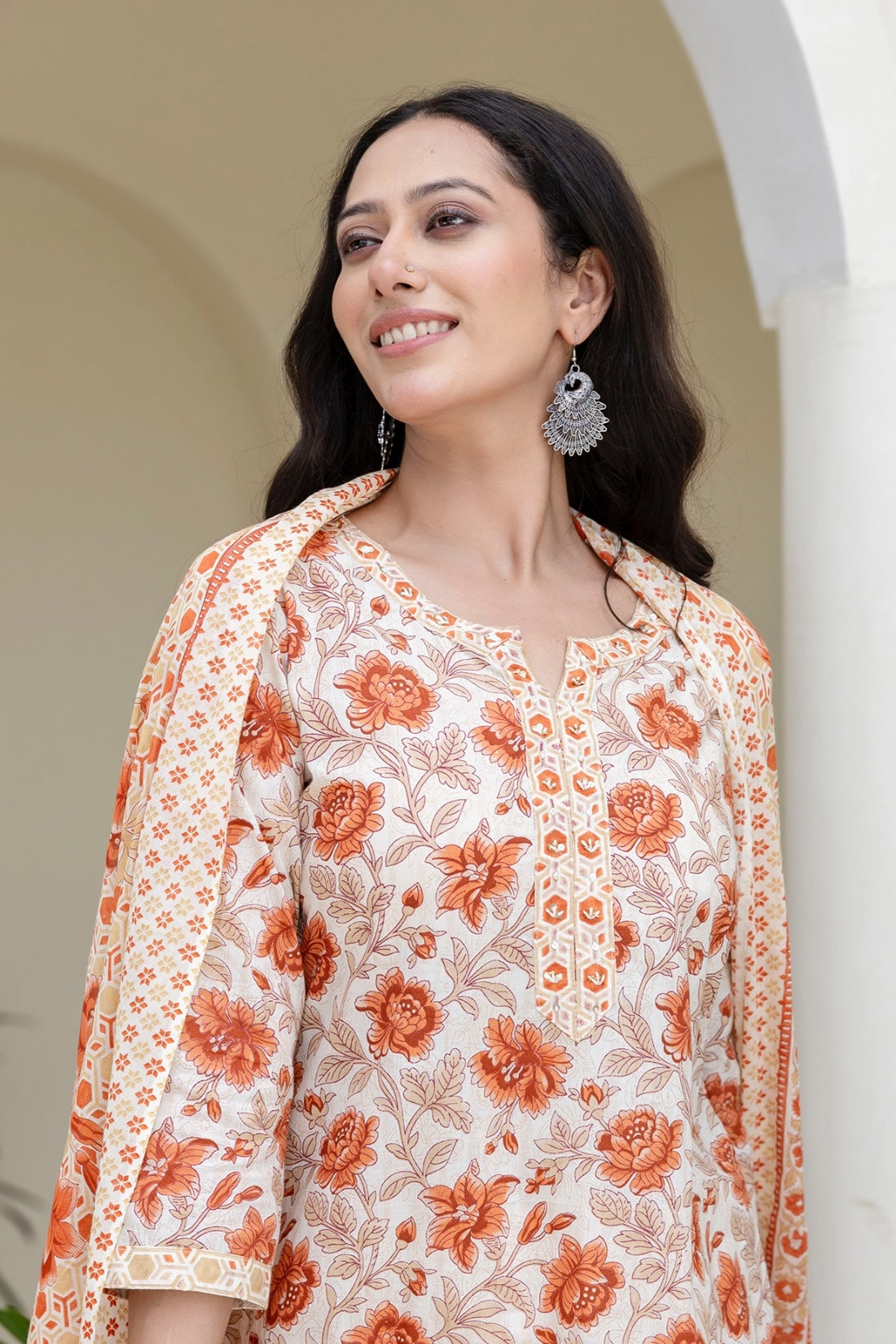 Orange Floral Print Plackett Design Kurta Set with Trousers and Dupatta