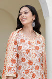 Orange Floral Print Plackett Design Kurta Set with Trousers and Dupatta