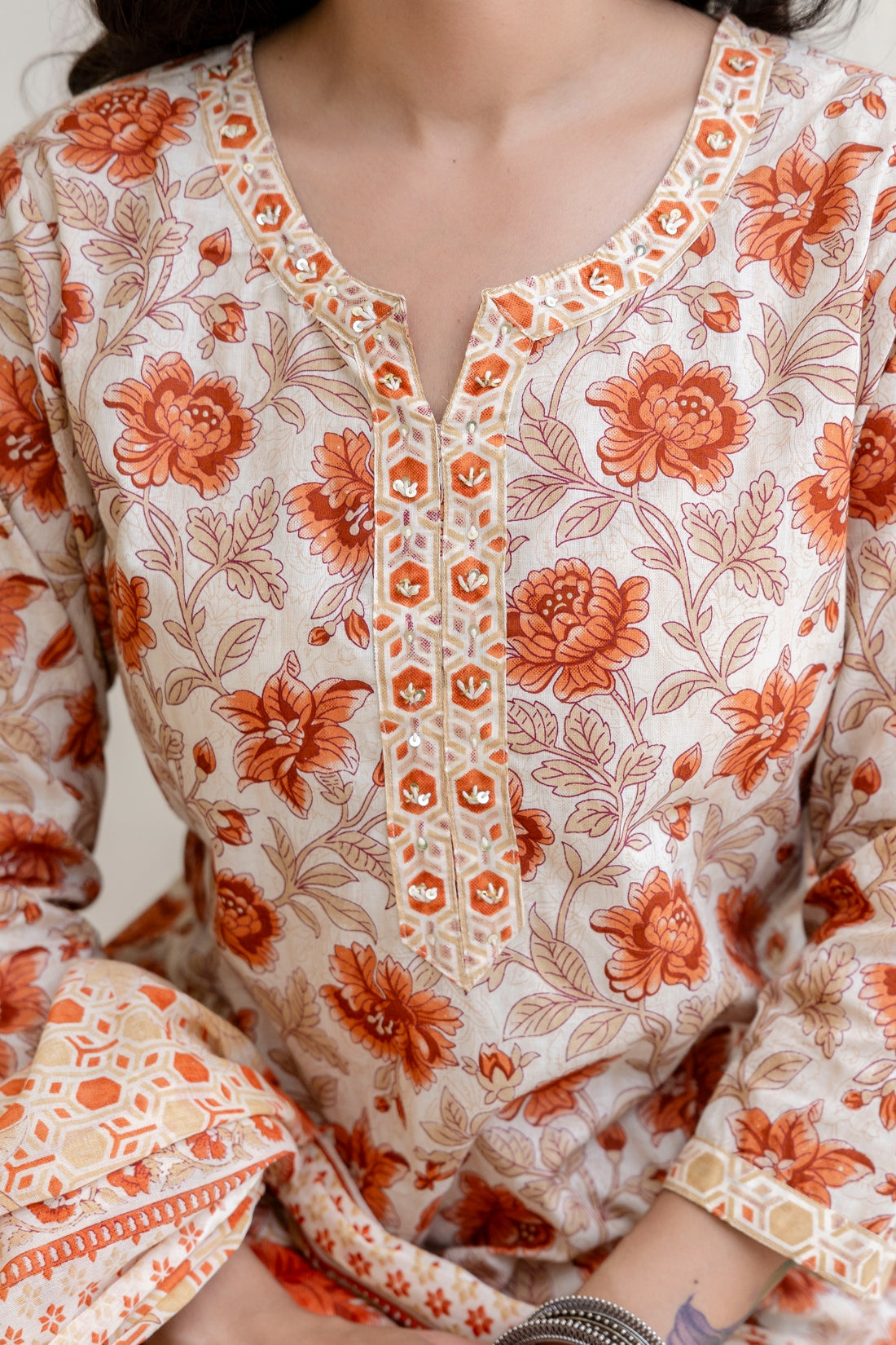 Orange Floral Print Plackett Design Kurta Set with Trousers and Dupatta