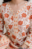 Orange Floral Print Plackett Design Kurta Set with Trousers and Dupatta