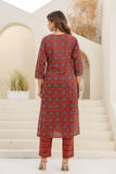 Maroon Ajrakh Print Cotton Kurta Set with Trousers and Dupatta