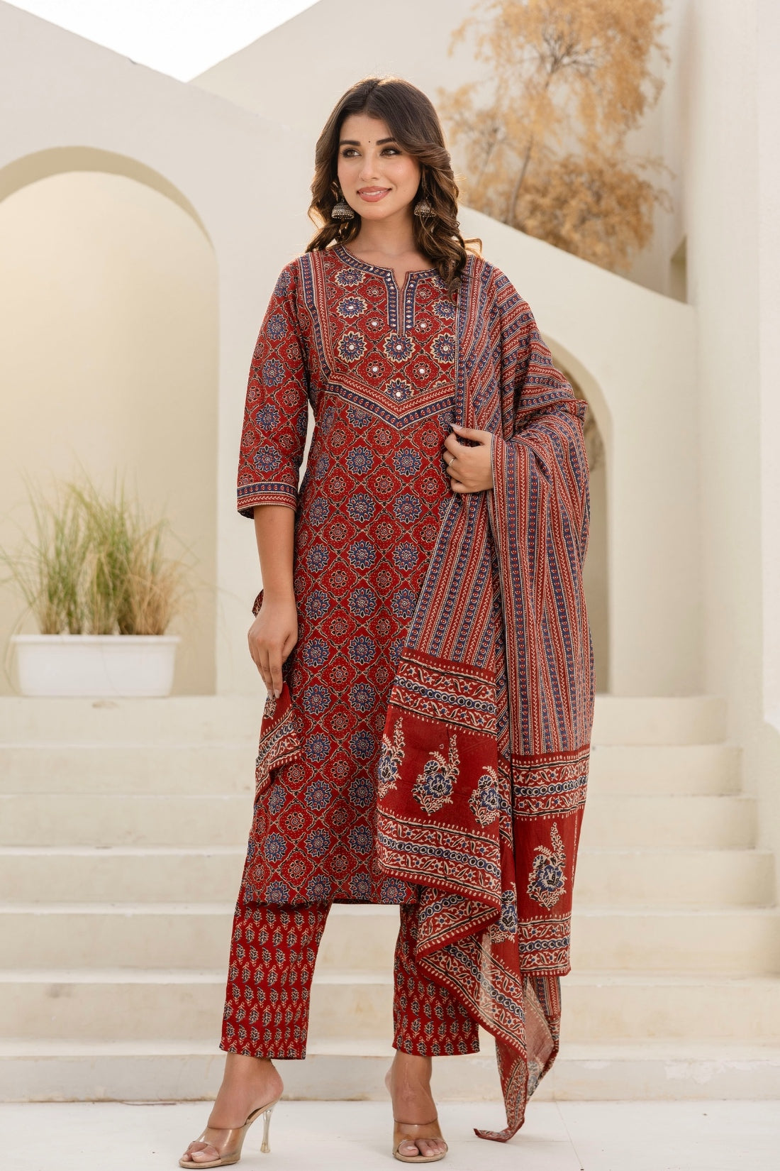 Maroon Ajrakh Print Cotton Kurta Set with Trousers and Dupatta