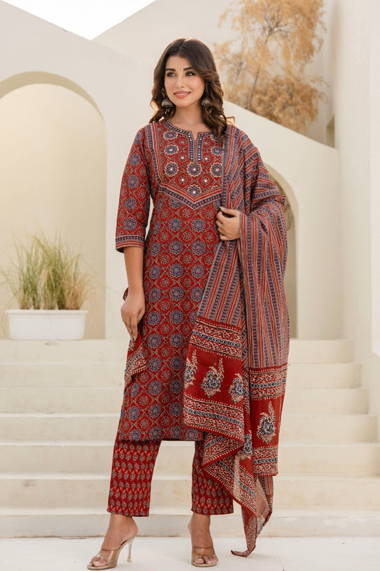 Maroon Ajrakh Print Cotton Kurta Set with Trousers and Dupatta