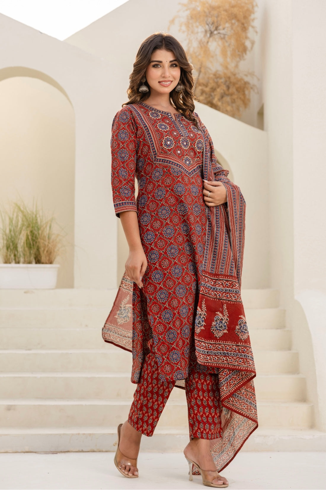 Maroon Ajrakh Print Cotton Kurta Set with Trousers and Dupatta