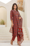 Maroon Ajrakh Print Cotton Kurta Set with Trousers and Dupatta