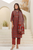 Maroon Ajrakh Print Cotton Kurta Set with Trousers and Dupatta