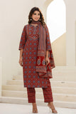 Maroon Ajrakh Print Cotton Kurta Set with Trousers and Dupatta
