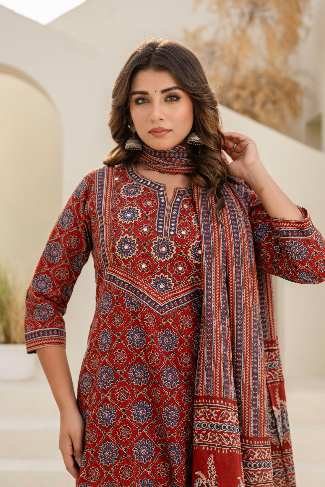 Maroon Ajrakh Print Cotton Kurta Set with Trousers and Dupatta