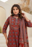 Maroon Ajrakh Print Cotton Kurta Set with Trousers and Dupatta