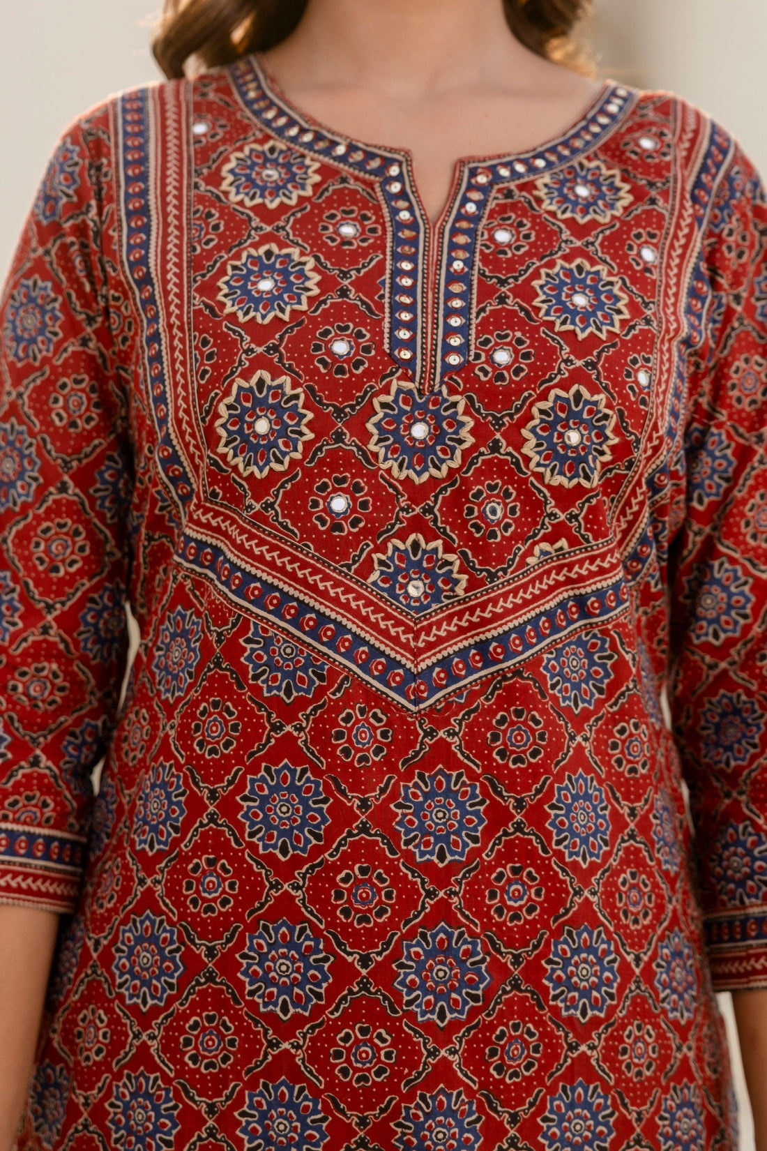 Maroon Ajrakh Print Cotton Kurta Set with Trousers and Dupatta
