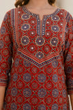 Maroon Ajrakh Print Cotton Kurta Set with Trousers and Dupatta