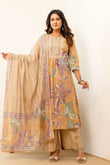 Beige Floral Print Aline Suit Set with Palazzo and Dupatta