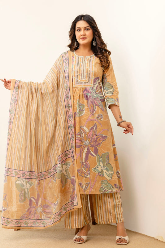 Beige Floral Print Aline Suit Set with Palazzo and Dupatta