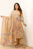Beige Floral Print Aline Suit Set with Palazzo and Dupatta