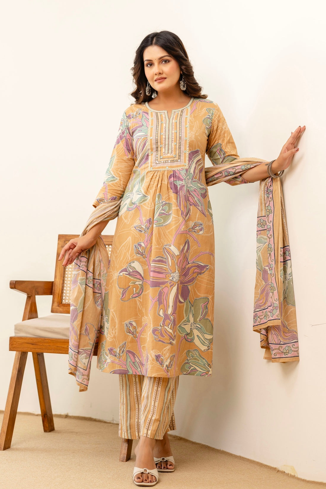 Beige Floral Print Aline Suit Set with Palazzo and Dupatta