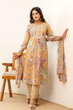 Beige Floral Print Aline Suit Set with Palazzo and Dupatta