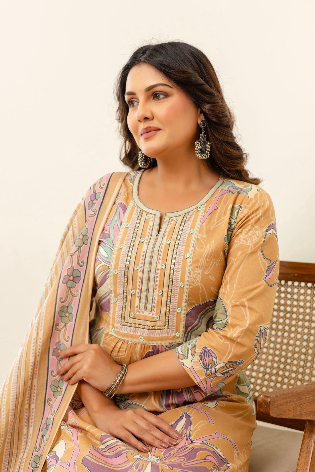 Beige Floral Print Aline Suit Set with Palazzo and Dupatta