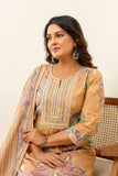 Beige Floral Print Aline Suit Set with Palazzo and Dupatta