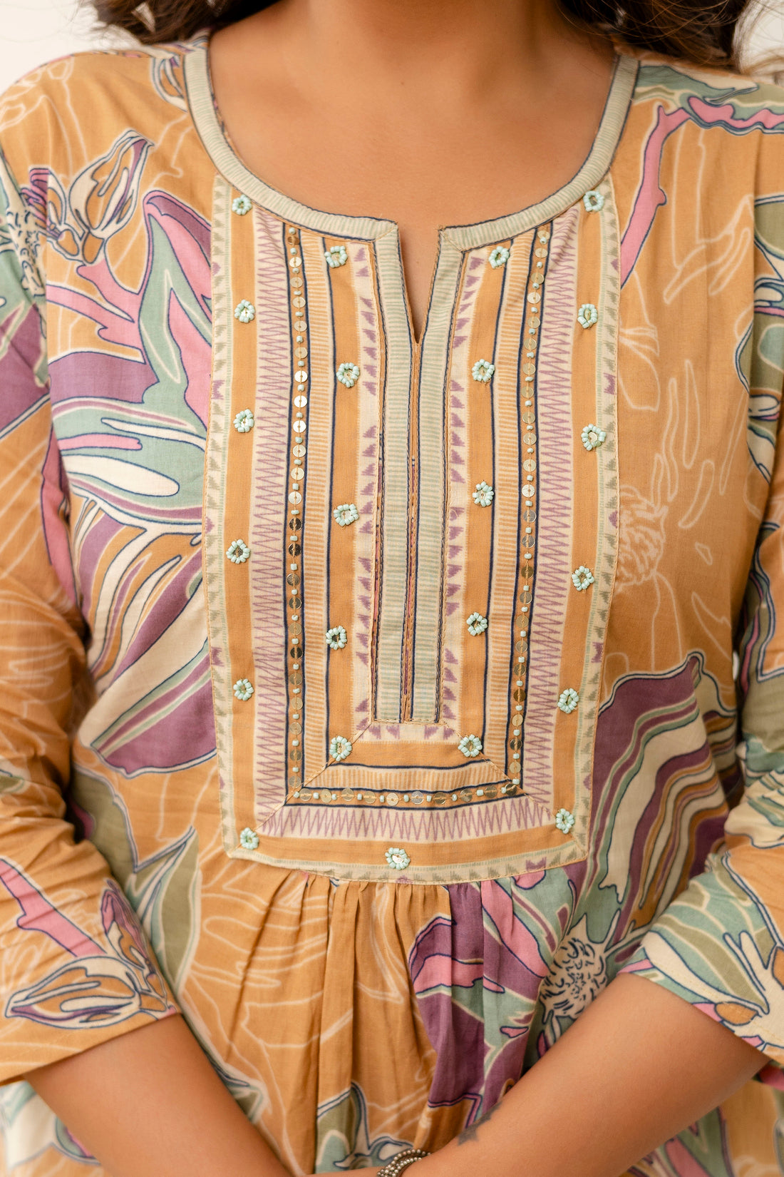 Beige Floral Print Aline Suit Set with Palazzo and Dupatta