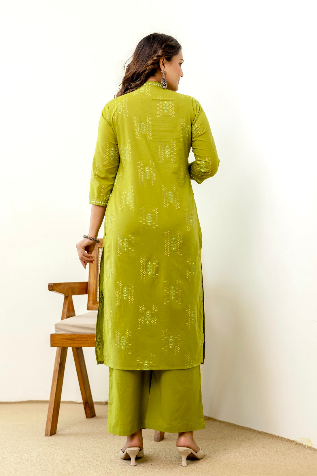 Green Front Pleat Kurta Set with Palazzo and Dupatta