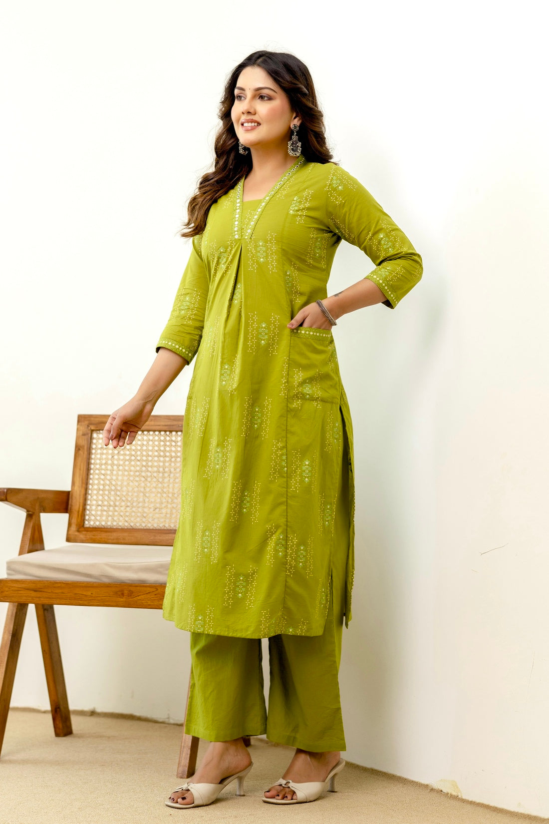 Green Front Pleat Kurta Set with Palazzo and Dupatta